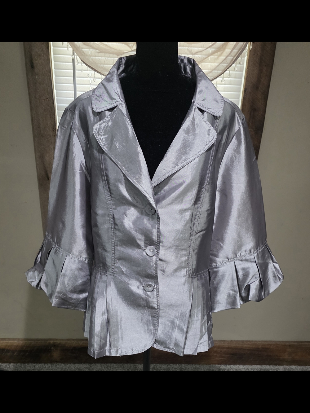 Women's Silver Satin Peplum Blazer with Ruffle Cuffs
